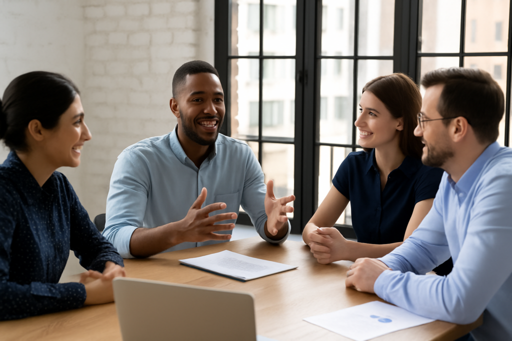 Diverse team collaborating in modern office setting
