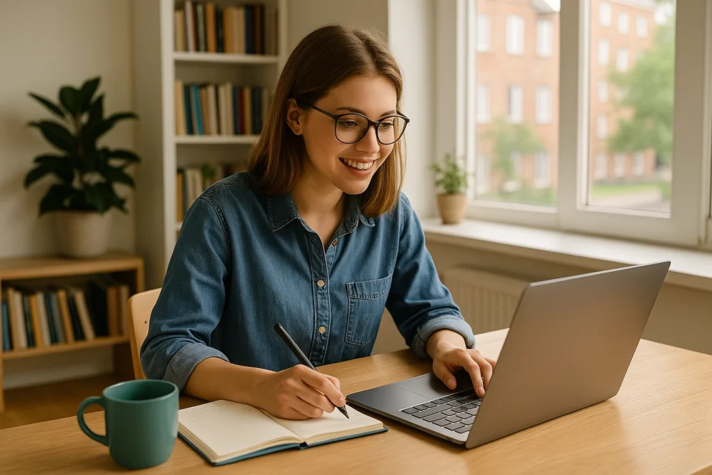 Student researching study destinations on laptop at home