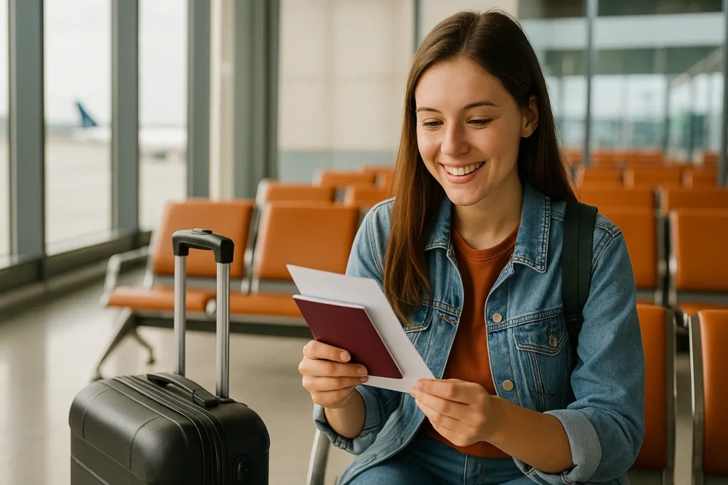 Student at airport with passport and luggage